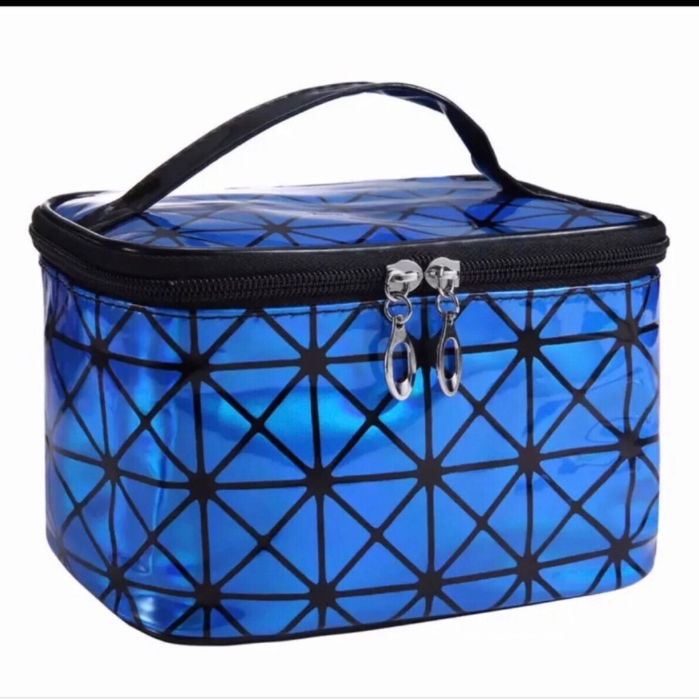 Blue Geometric Cosmetic Train Case - Picture 1 of 2